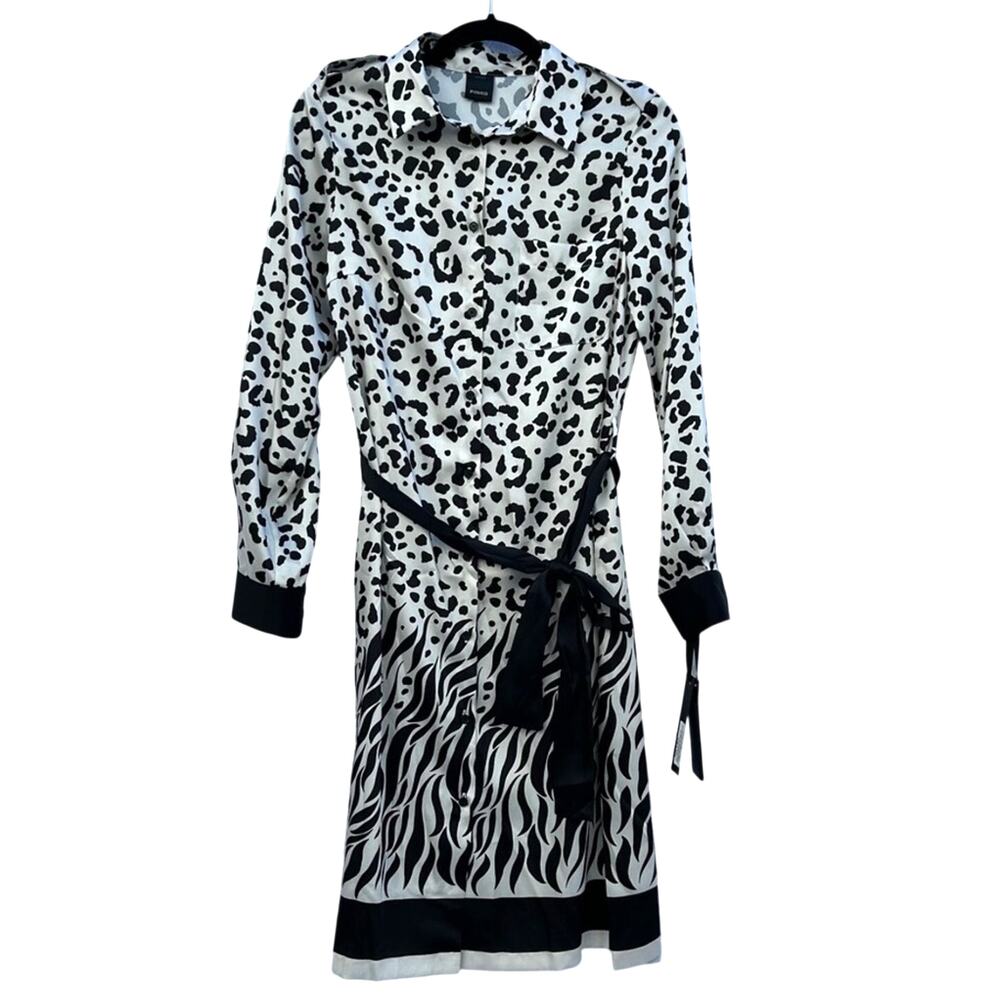 NWT Pinko Alicia Animal Print Shirt Dress Black and White Size 2
